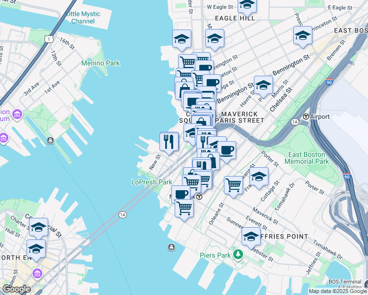 map of restaurants, bars, coffee shops, grocery stores, and more near 102 Liverpool Street in Boston