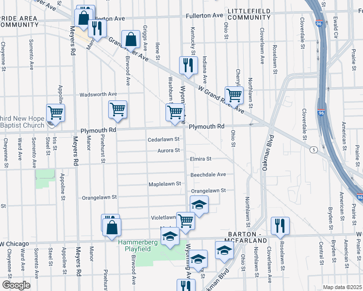 map of restaurants, bars, coffee shops, grocery stores, and more near 11333 Wyoming Avenue in Detroit