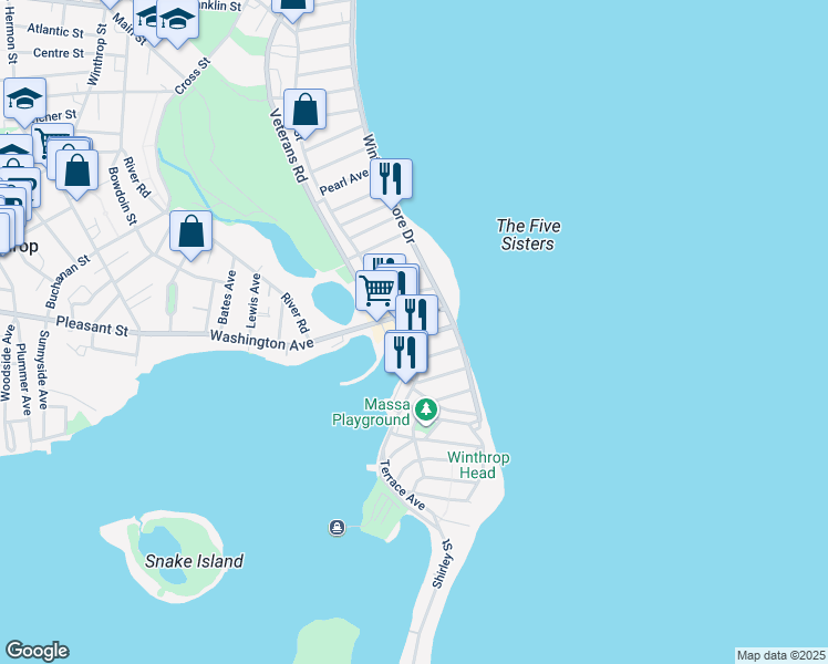 map of restaurants, bars, coffee shops, grocery stores, and more near 503 Shirley Street in Winthrop