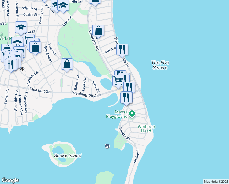 map of restaurants, bars, coffee shops, grocery stores, and more near 211 Washington Avenue in Winthrop
