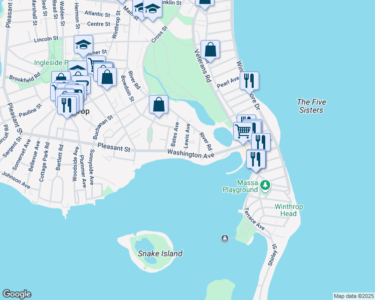 map of restaurants, bars, coffee shops, grocery stores, and more near 105 Washington Avenue in Winthrop