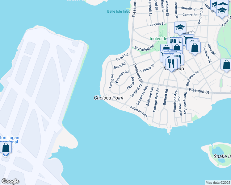 map of restaurants, bars, coffee shops, grocery stores, and more near 125 Loring Road in Winthrop
