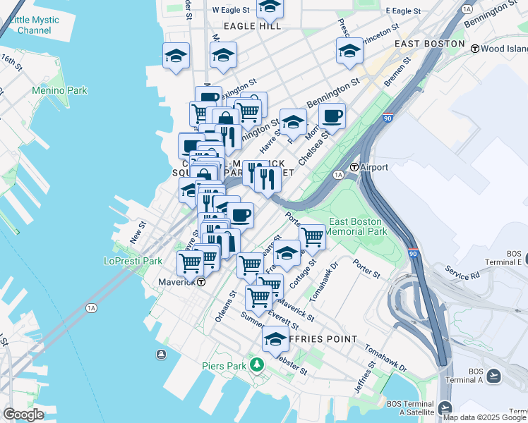 map of restaurants, bars, coffee shops, grocery stores, and more near 142 Bremen Street in Boston