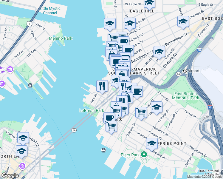 map of restaurants, bars, coffee shops, grocery stores, and more near 72 Liverpool Street in Boston