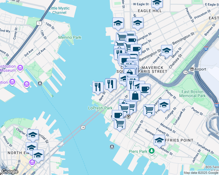 map of restaurants, bars, coffee shops, grocery stores, and more near 60 Border Street in Boston