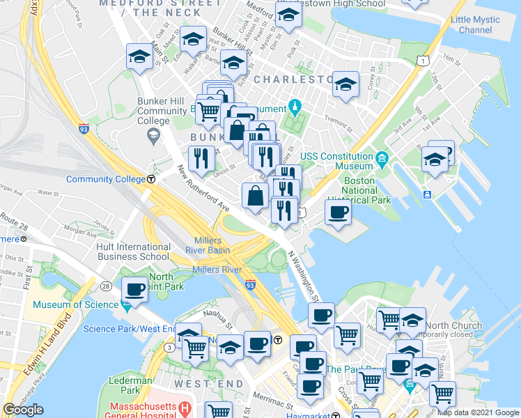 map of restaurants, bars, coffee shops, grocery stores, and more near 1 City Square in Boston