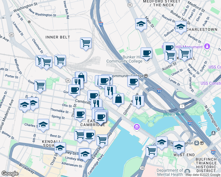 map of restaurants, bars, coffee shops, grocery stores, and more near 219 Jacobs Street in Cambridge