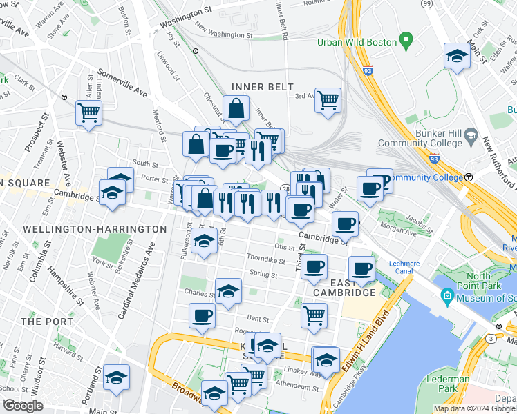map of restaurants, bars, coffee shops, grocery stores, and more near 91 Gore Street in Cambridge