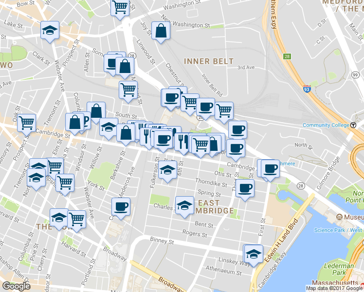 map of restaurants, bars, coffee shops, grocery stores, and more near 9 6th Street in Cambridge