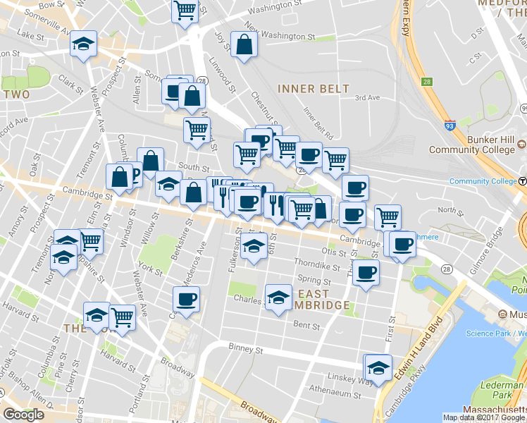map of restaurants, bars, coffee shops, grocery stores, and more near 9 6th Street in Cambridge