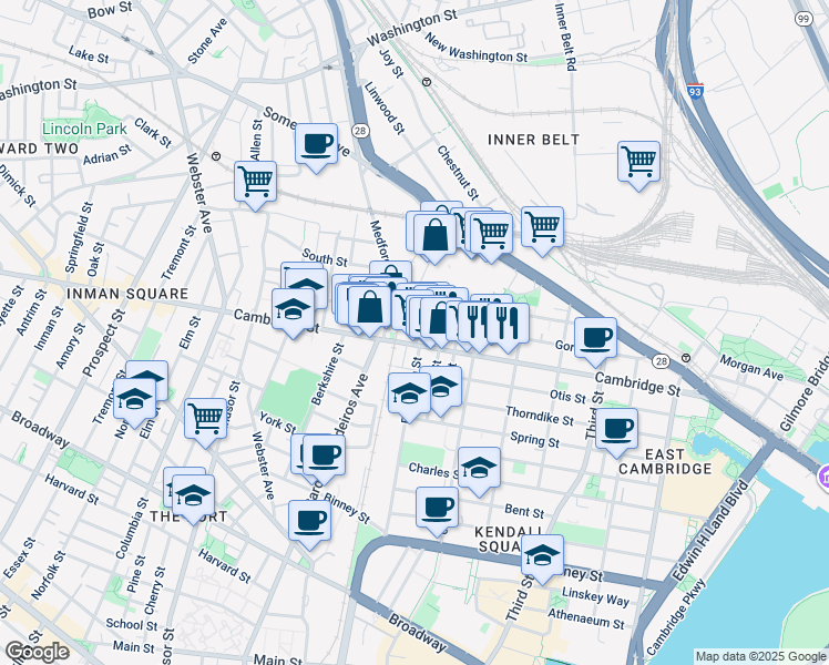 map of restaurants, bars, coffee shops, grocery stores, and more near 621 Cambridge Street in Cambridge