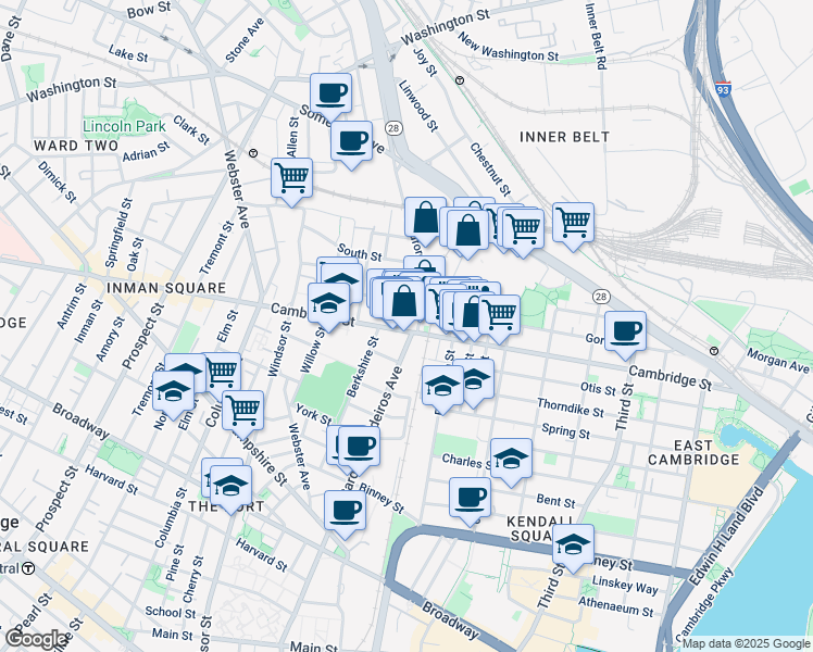 map of restaurants, bars, coffee shops, grocery stores, and more near 723 Cambridge Street in Cambridge