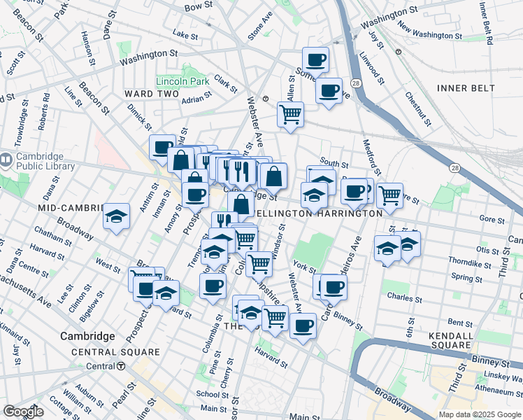 map of restaurants, bars, coffee shops, grocery stores, and more near 361 Columbia Street in Cambridge