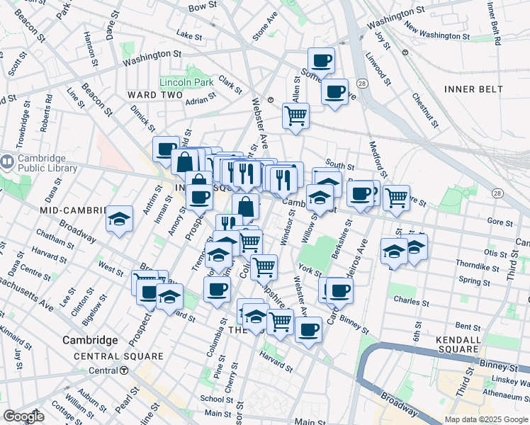 map of restaurants, bars, coffee shops, grocery stores, and more near 361 Columbia Street in Cambridge