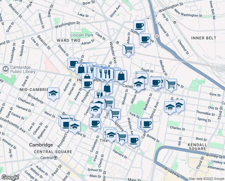map of restaurants, bars, coffee shops, grocery stores, and more near 361 Columbia Street in Cambridge