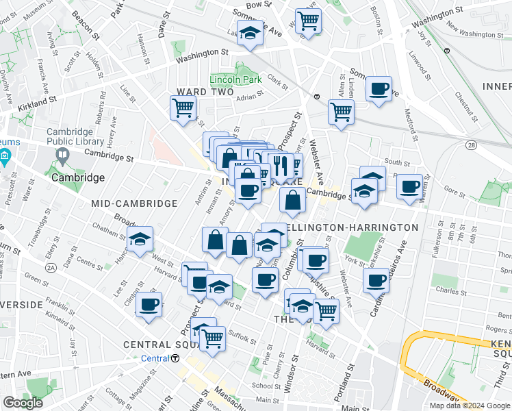 map of restaurants, bars, coffee shops, grocery stores, and more near 171 Hampshire Street in Cambridge