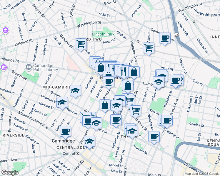 map of restaurants, bars, coffee shops, grocery stores, and more near 171 Hampshire Street in Cambridge