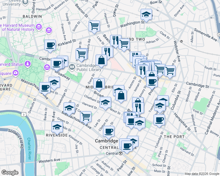 map of restaurants, bars, coffee shops, grocery stores, and more near 18 Maple Avenue in Cambridge