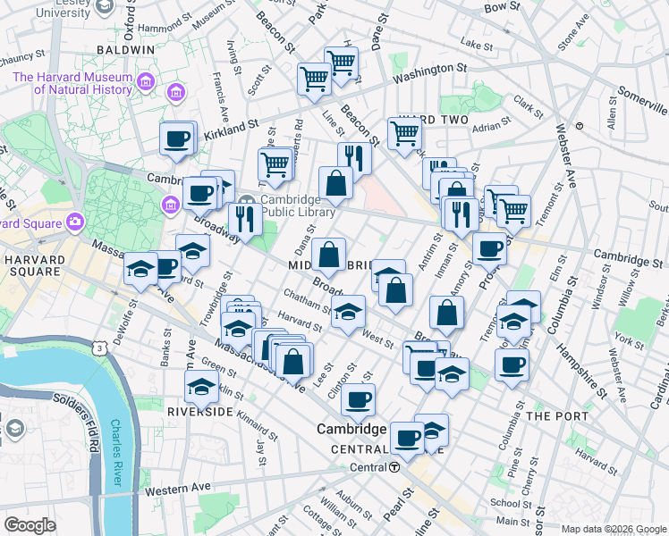 map of restaurants, bars, coffee shops, grocery stores, and more near in Cambridge