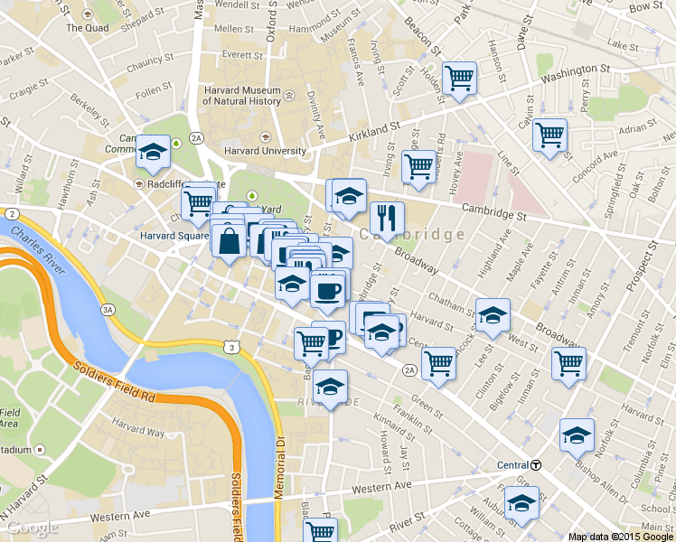 map of restaurants, bars, coffee shops, grocery stores, and more near 387 Harvard Street in Cambridge