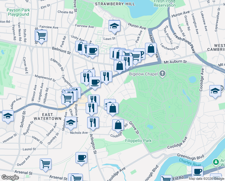 map of restaurants, bars, coffee shops, grocery stores, and more near 40 School Lane in Watertown