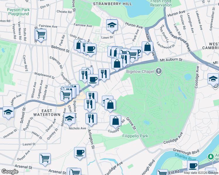 map of restaurants, bars, coffee shops, grocery stores, and more near 40 School Lane in Watertown