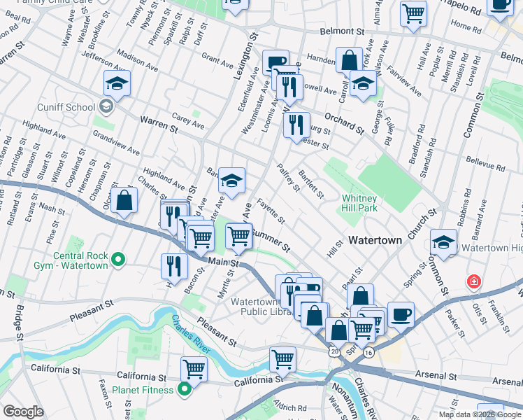 map of restaurants, bars, coffee shops, grocery stores, and more near 62 Forest Street in Watertown