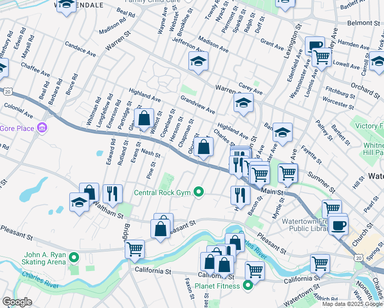 map of restaurants, bars, coffee shops, grocery stores, and more near 543 Main Street in Watertown