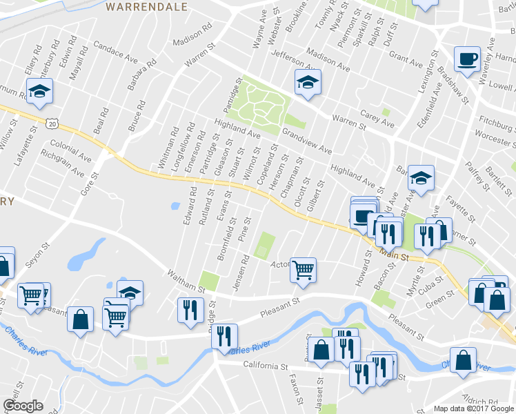 map of restaurants, bars, coffee shops, grocery stores, and more near 41 Pine Street in Watertown