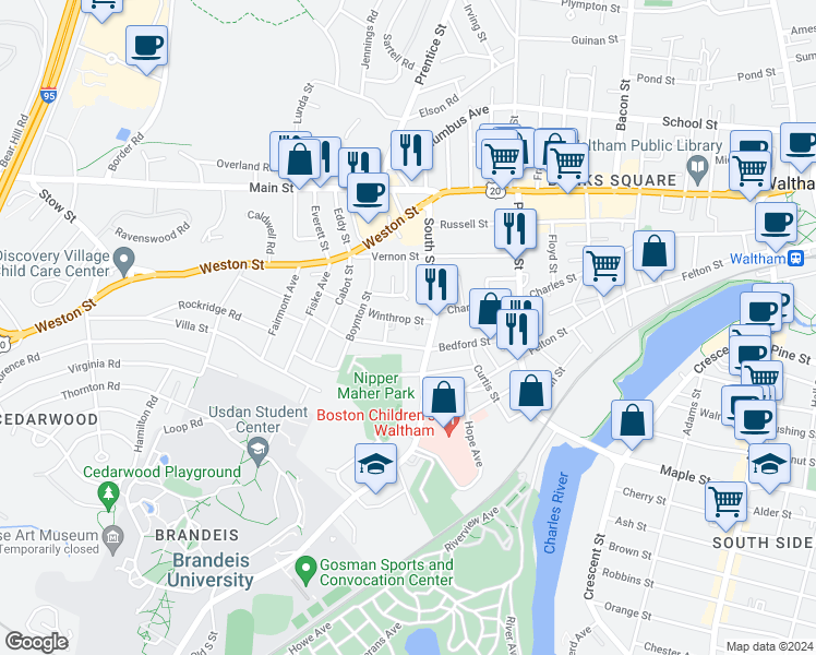 map of restaurants, bars, coffee shops, grocery stores, and more near 18 Pearl Street in Waltham