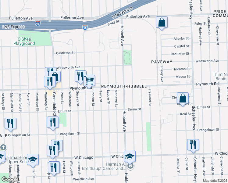 map of restaurants, bars, coffee shops, grocery stores, and more near 11414 Marlowe Street in Detroit
