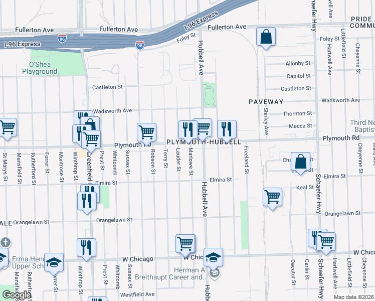 map of restaurants, bars, coffee shops, grocery stores, and more near 11414 Marlowe Street in Detroit