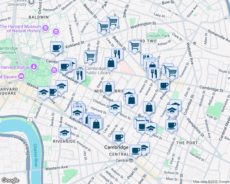 map of restaurants, bars, coffee shops, grocery stores, and more near in Cambridge