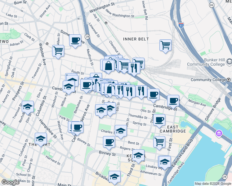 map of restaurants, bars, coffee shops, grocery stores, and more near 9 6th Street in Cambridge