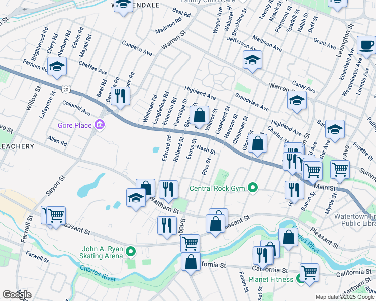 map of restaurants, bars, coffee shops, grocery stores, and more near 31 Evans Street in Watertown