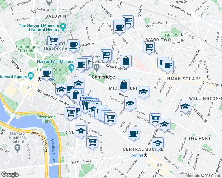 map of restaurants, bars, coffee shops, grocery stores, and more near Broadway & Dana St in Cambridge
