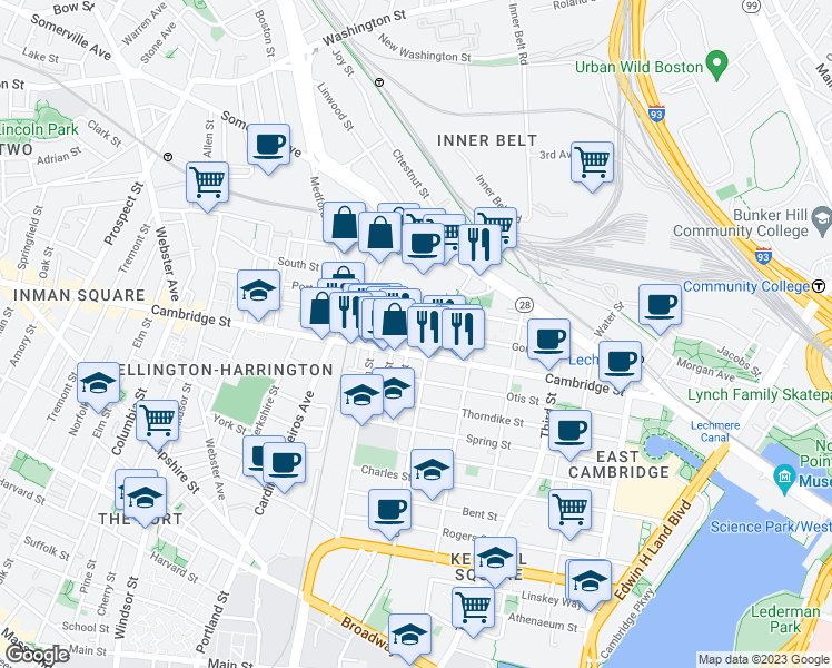 map of restaurants, bars, coffee shops, grocery stores, and more near 8 7th Street in Cambridge