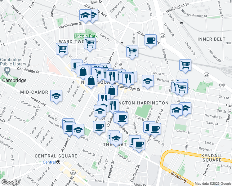 map of restaurants, bars, coffee shops, grocery stores, and more near 242 Elm Street in Cambridge