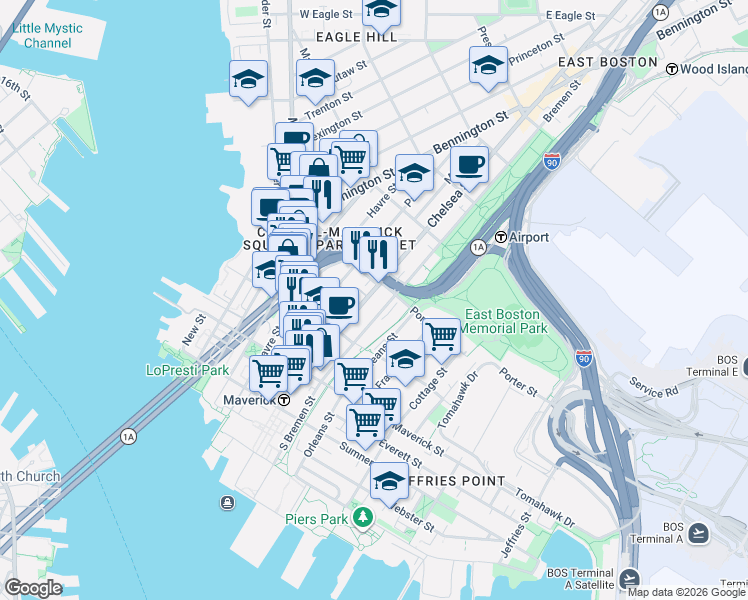 map of restaurants, bars, coffee shops, grocery stores, and more near 142 Bremen Street in Boston