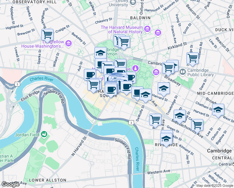 map of restaurants, bars, coffee shops, grocery stores, and more near 90 Mount Auburn Street in Cambridge