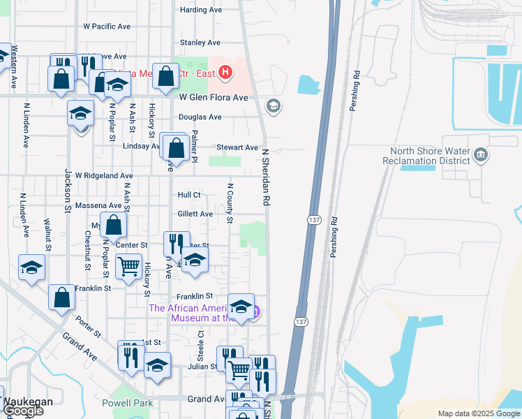 map of restaurants, bars, coffee shops, grocery stores, and more near 906 North Sheridan Road in Waukegan
