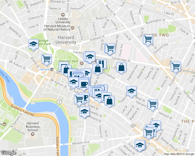 map of restaurants, bars, coffee shops, grocery stores, and more near 2 Trowbridge Place in Cambridge