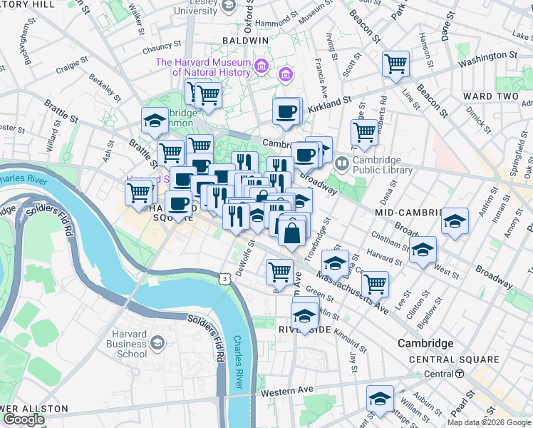 map of restaurants, bars, coffee shops, grocery stores, and more near in Cambridge