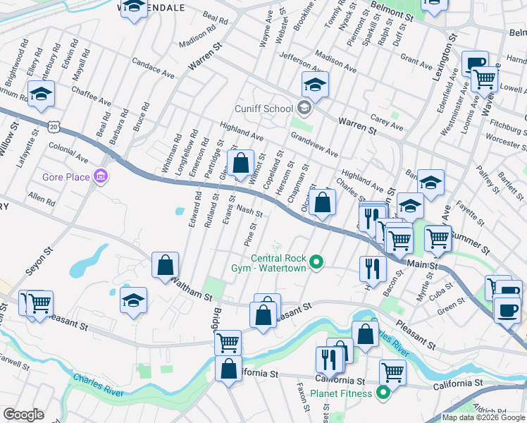 map of restaurants, bars, coffee shops, grocery stores, and more near 41 Pine Street in Watertown