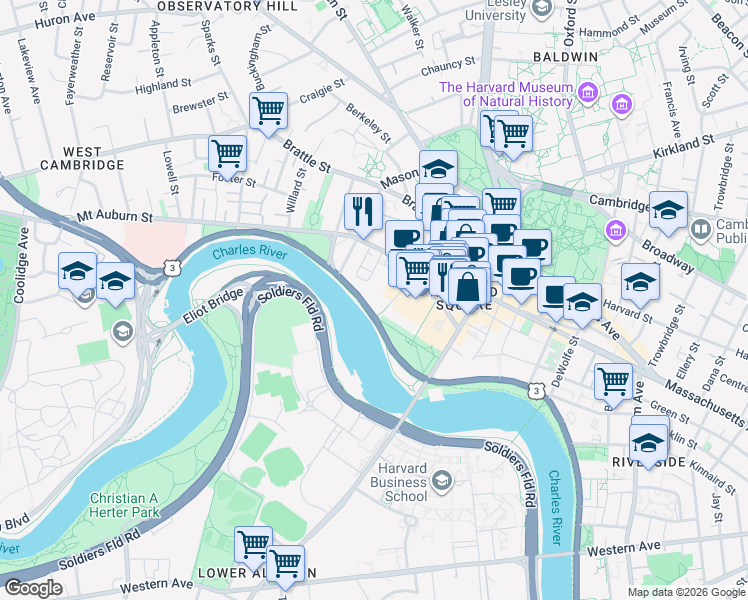 map of restaurants, bars, coffee shops, grocery stores, and more near 980 Memorial Drive in Cambridge