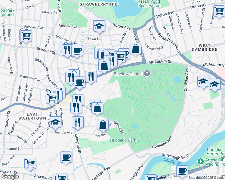map of restaurants, bars, coffee shops, grocery stores, and more near 8 Cottage Lane in Watertown