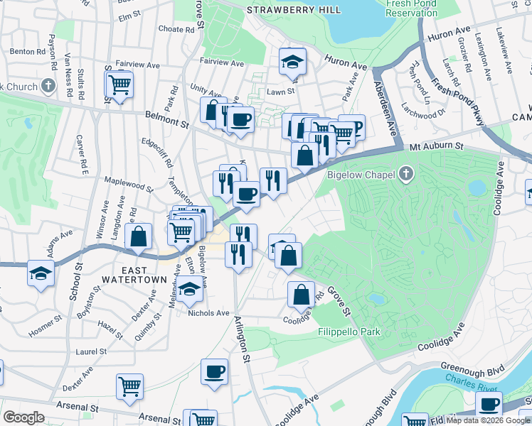 map of restaurants, bars, coffee shops, grocery stores, and more near 705 Mount Auburn Street in Watertown