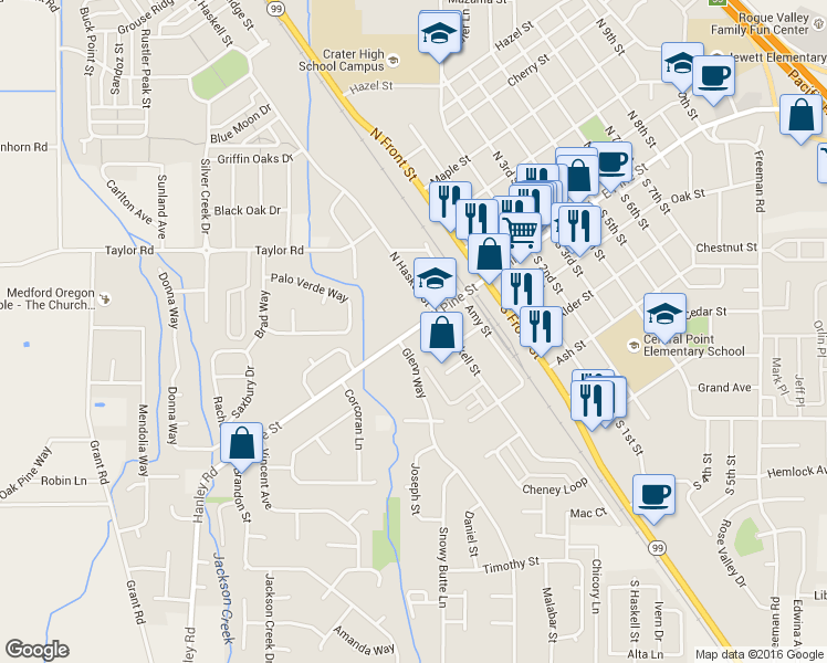 map of restaurants, bars, coffee shops, grocery stores, and more near 241 West Pine Street in Central Point