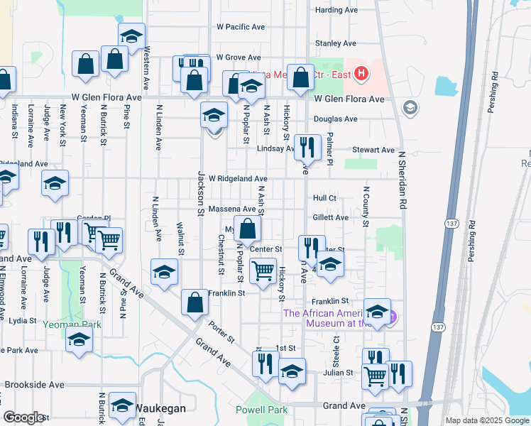 map of restaurants, bars, coffee shops, grocery stores, and more near 845 North Ash Street in Waukegan