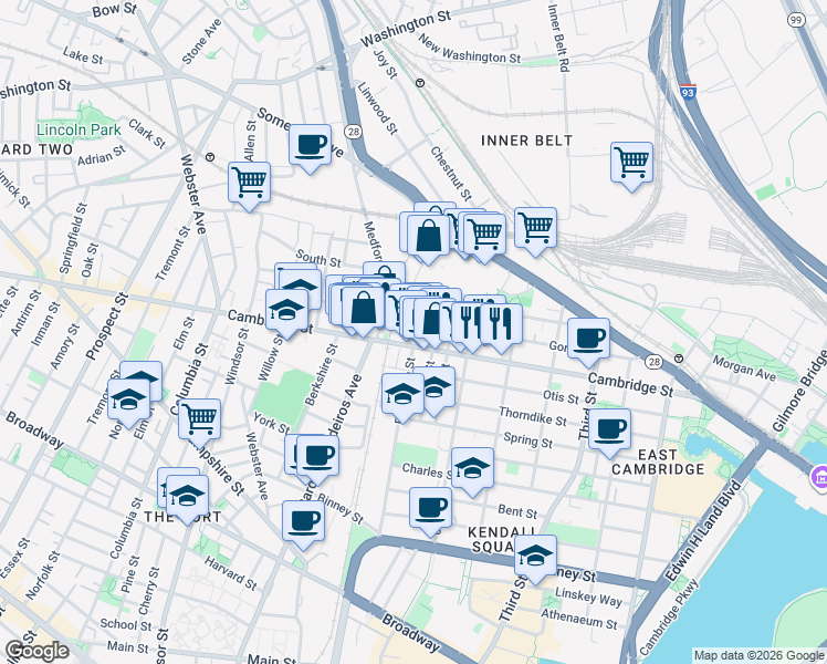 map of restaurants, bars, coffee shops, grocery stores, and more near 621 Cambridge Street in Cambridge